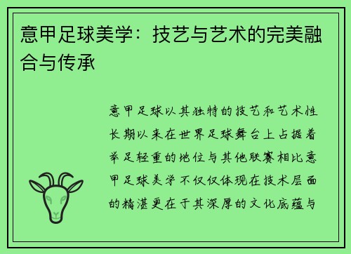 意甲足球美学：技艺与艺术的完美融合与传承