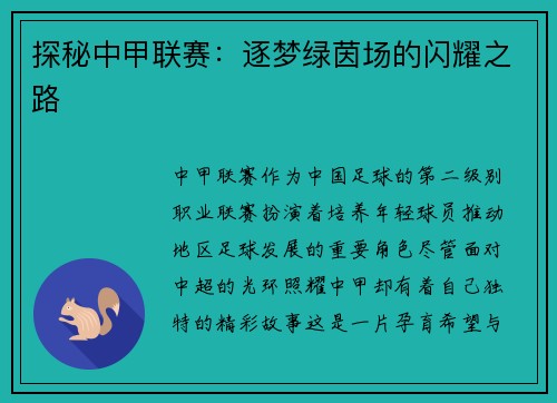 探秘中甲联赛:逐梦绿茵场的闪耀之路